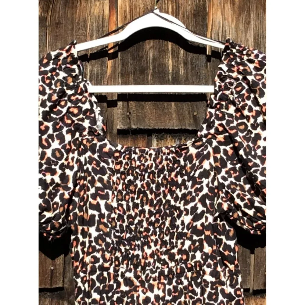 Who What Wear Womens Dress Small Baby Doll Leopard Print Linen Rayon Puff Sleeve